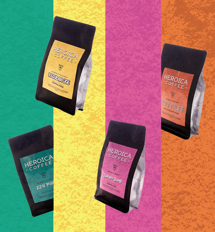 Produkt banner med kaffe, matcha og kakao produkter